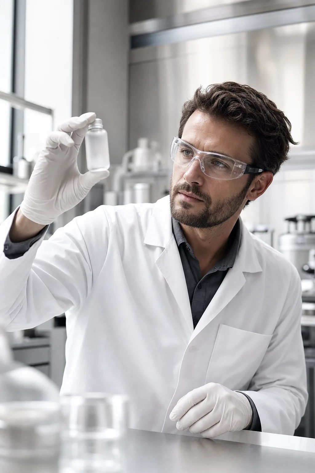 Research scientist inspecting a vial